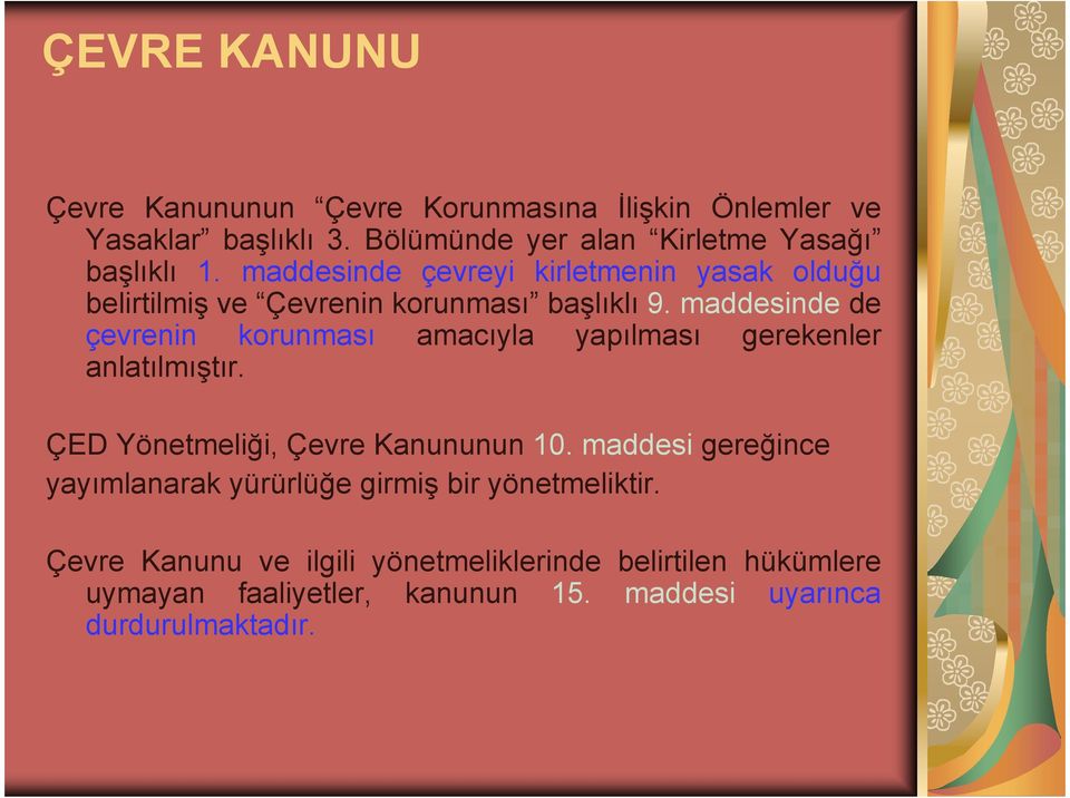 maddesinde de çevrenin korunması amacıyla yapılması gerekenler anlatılmıştır. ÇED Yönetmeliği, Çevre Kanununun 10.