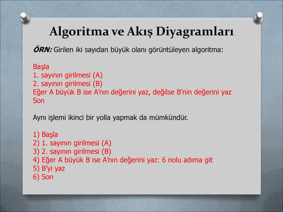 Aynı işlemi ikinci bir yolla yapmak da mümkündür. 1) Başla 2) 1. sayının girilmesi (A) 3) 2.