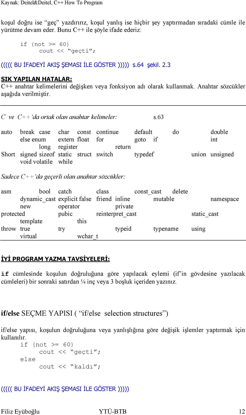 3 SIK YAPILAN HATALAR: C++ anahtar kelimelerini değişken veya fonksiyon adı olarak kullanmak. Anahtar sözcükler aşağıda verilmiştir. C ve C++ da ortak olan anahtar kelimeler: s.