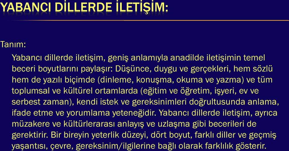 istek ve gereksinimleri doğrultusunda anlama, ifade etme ve yorumlama yeteneğidir.