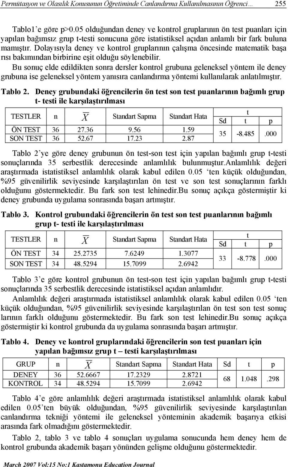 Dolayısıyla deney ve kontrol gruplarının çalışma öncesinde matematik başa rısı bakımından birbirine eşit olduğu söylenebilir.