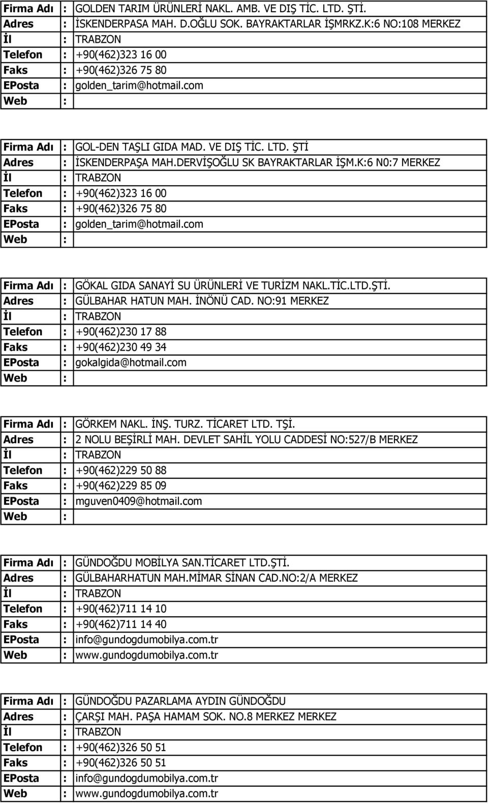 DERVİŞOĞLU SK BAYRAKTARLAR İŞM.K:6 N0:7 MERKEZ Telefon : +90(462)323 16 00 +90(462)326 75 80 golden_tarim@hotmail.com Firma Adı : GÖKAL GIDA SANAYİ SU ÜRÜNLERİ VE TURİZM NAKL.TİC.LTD.ŞTİ.