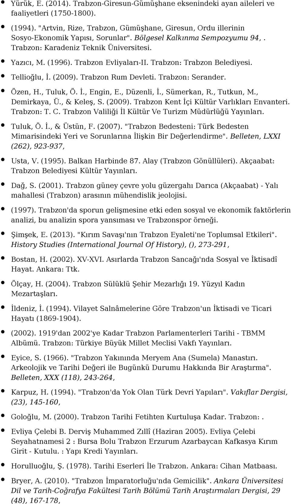 Trabzon: Serander. Özen, H., Tuluk, Ö. İ., Engin, E., Düzenli, İ., Sümerkan, R., Tutkun, M., Demirkaya, Ü., & Keleş, S. (2009). Trabzon Kent İçi Kültür Varlıkları Envanteri. Trabzon: T. C.