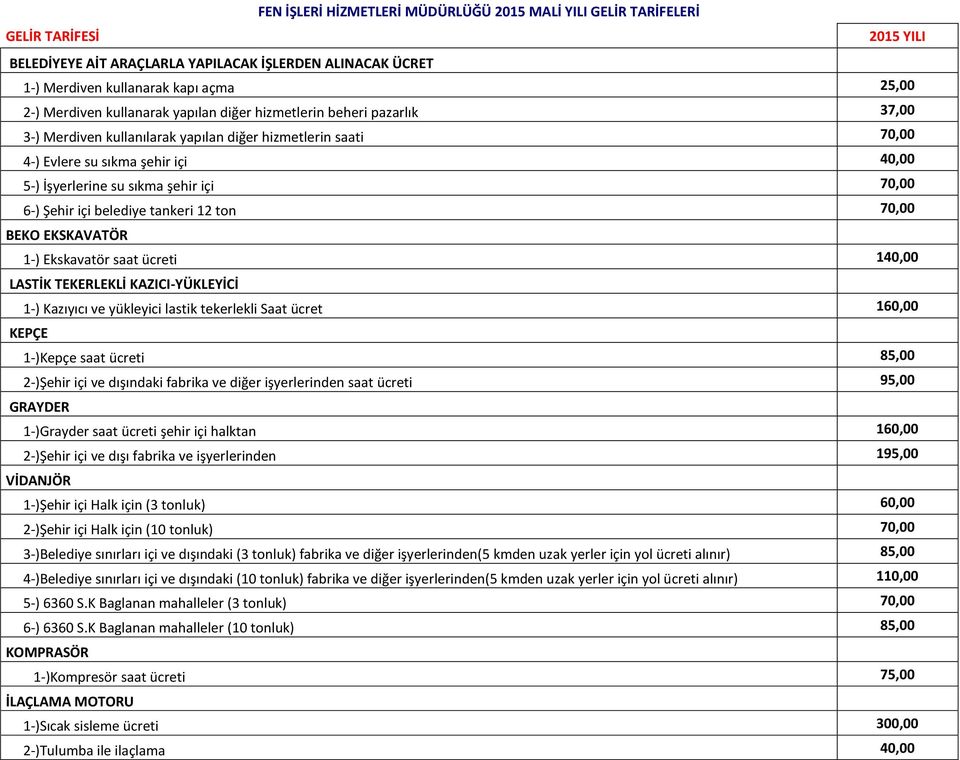 içi 70,00 6-) Şehir içi belediye tankeri 12 ton 70,00 BEKO EKSKAVATÖR 1-) Ekskavatör saat ücreti 140,00 LASTİK TEKERLEKLİ KAZICI-YÜKLEYİCİ 1-) Kazıyıcı ve yükleyici lastik tekerlekli Saat ücret
