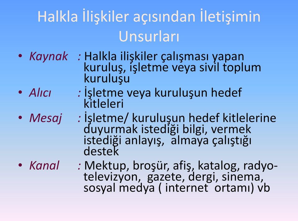 kuruluşun hedef kitlelerine duyurmak istediği bilgi, vermek istediği anlayış, almaya çalıştığı destek :