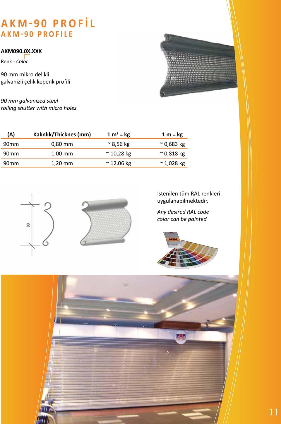 shutter with micro holes Kalınlık/Thicknes (mm) 1 m 2 = kg 1 m = kg 90mm 0,80 mm ~ 8,56 kg ~ 0,683