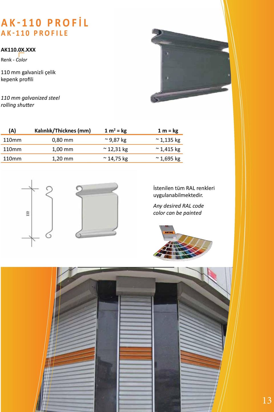 shutter Kalınlık/Thicknes (mm) 1 m 2 = kg 1 m = kg 110mm 0,80 mm ~ 9,87 kg ~ 1,135 kg 110mm