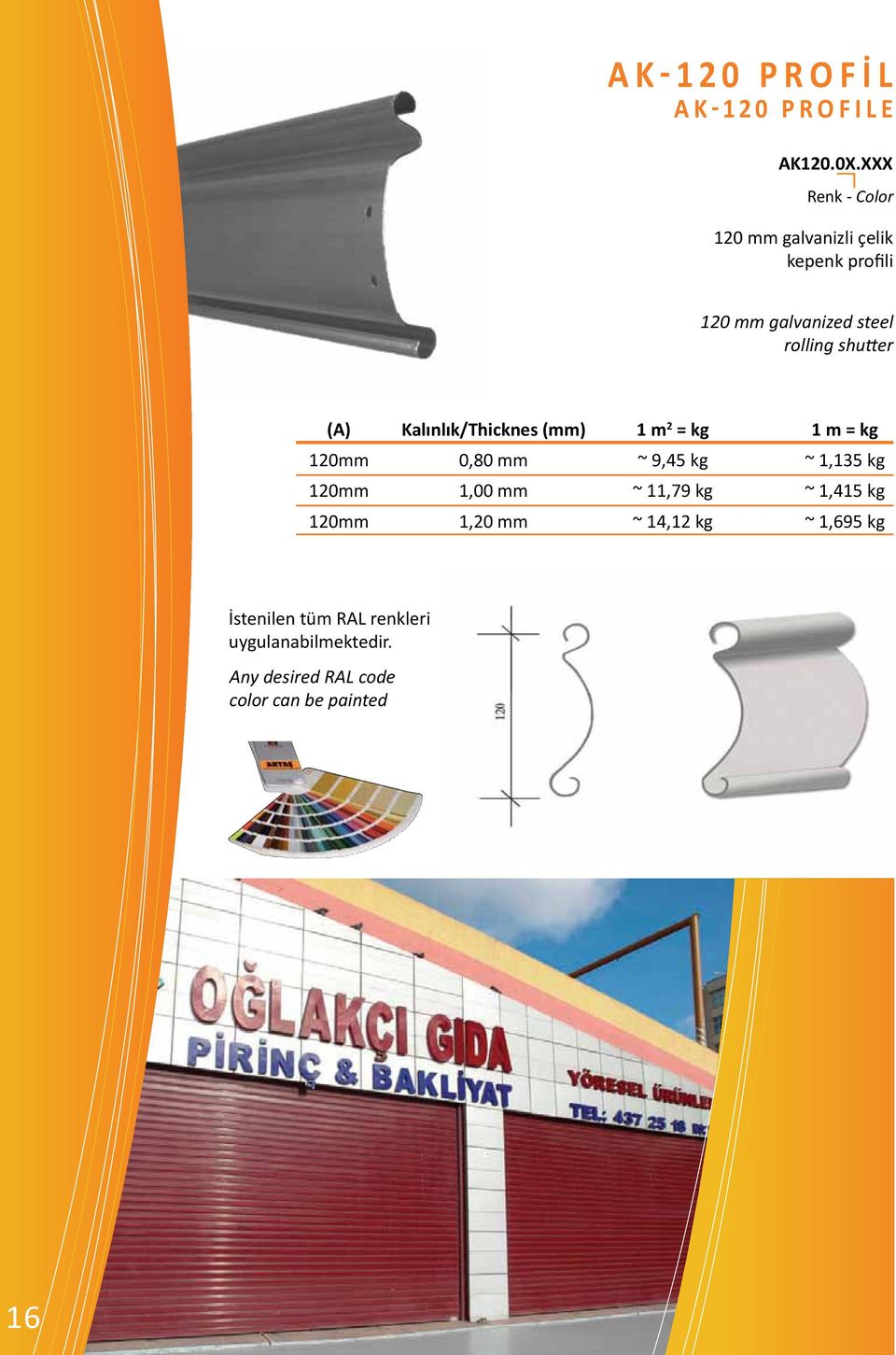 shutter Kalınlık/Thicknes (mm) 1 m 2 = kg 1 m = kg 120mm 0,80 mm ~ 9,45 kg ~ 1,135 kg 120mm