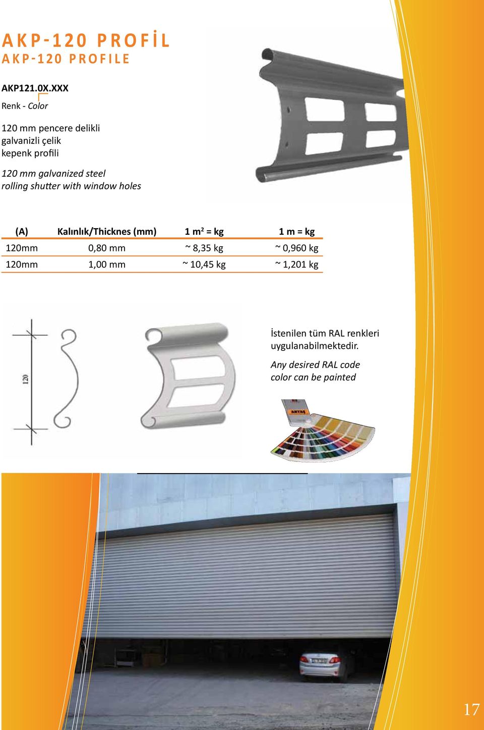 steel rolling shutter with window holes Kalınlık/Thicknes (mm) 1 m 2 = kg 1 m = kg 120mm 0,80