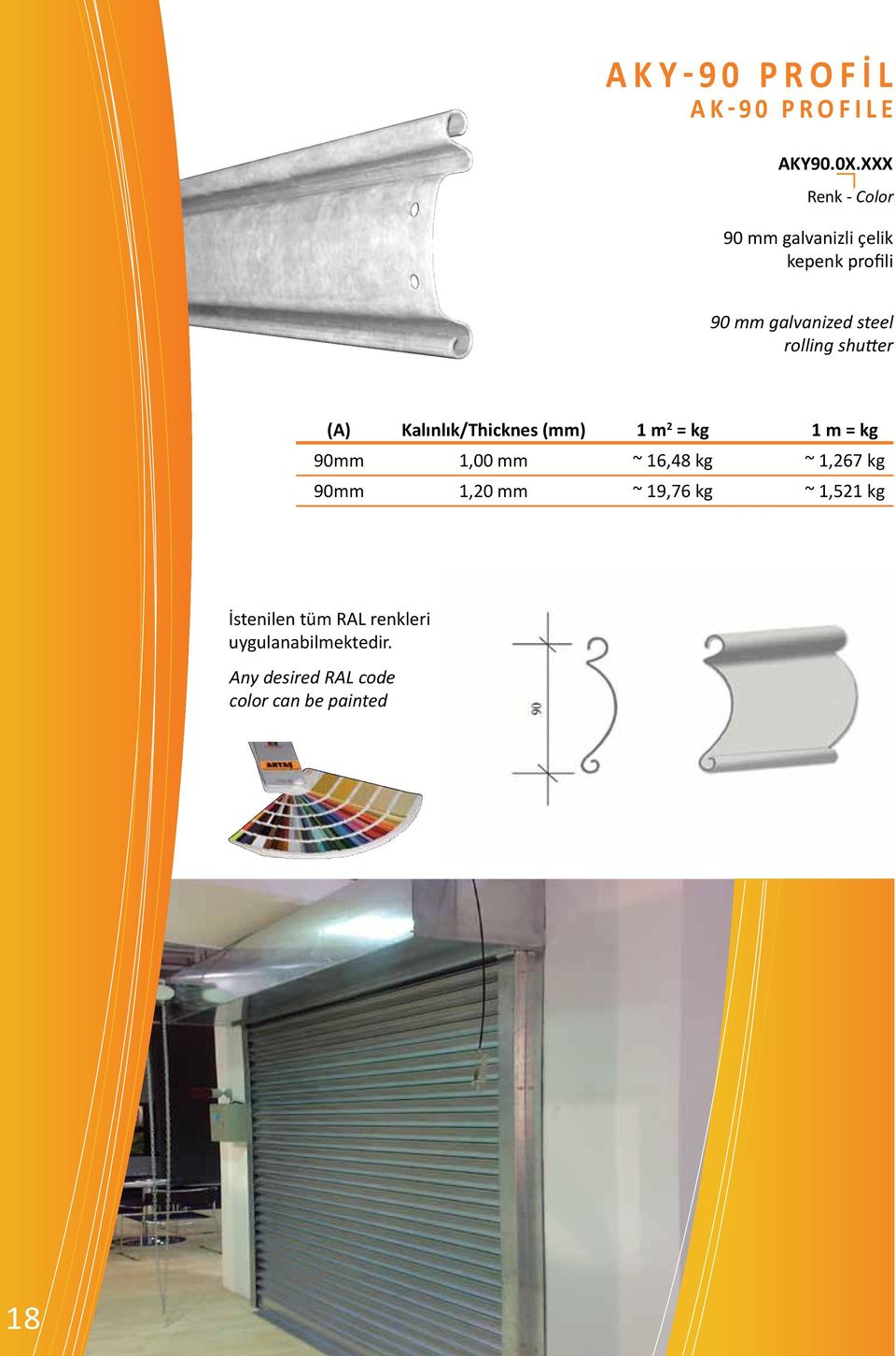 rolling shutter Kalınlık/Thicknes (mm) 1 m 2 = kg 1 m = kg 90mm 1,00 mm ~ 16,48 kg