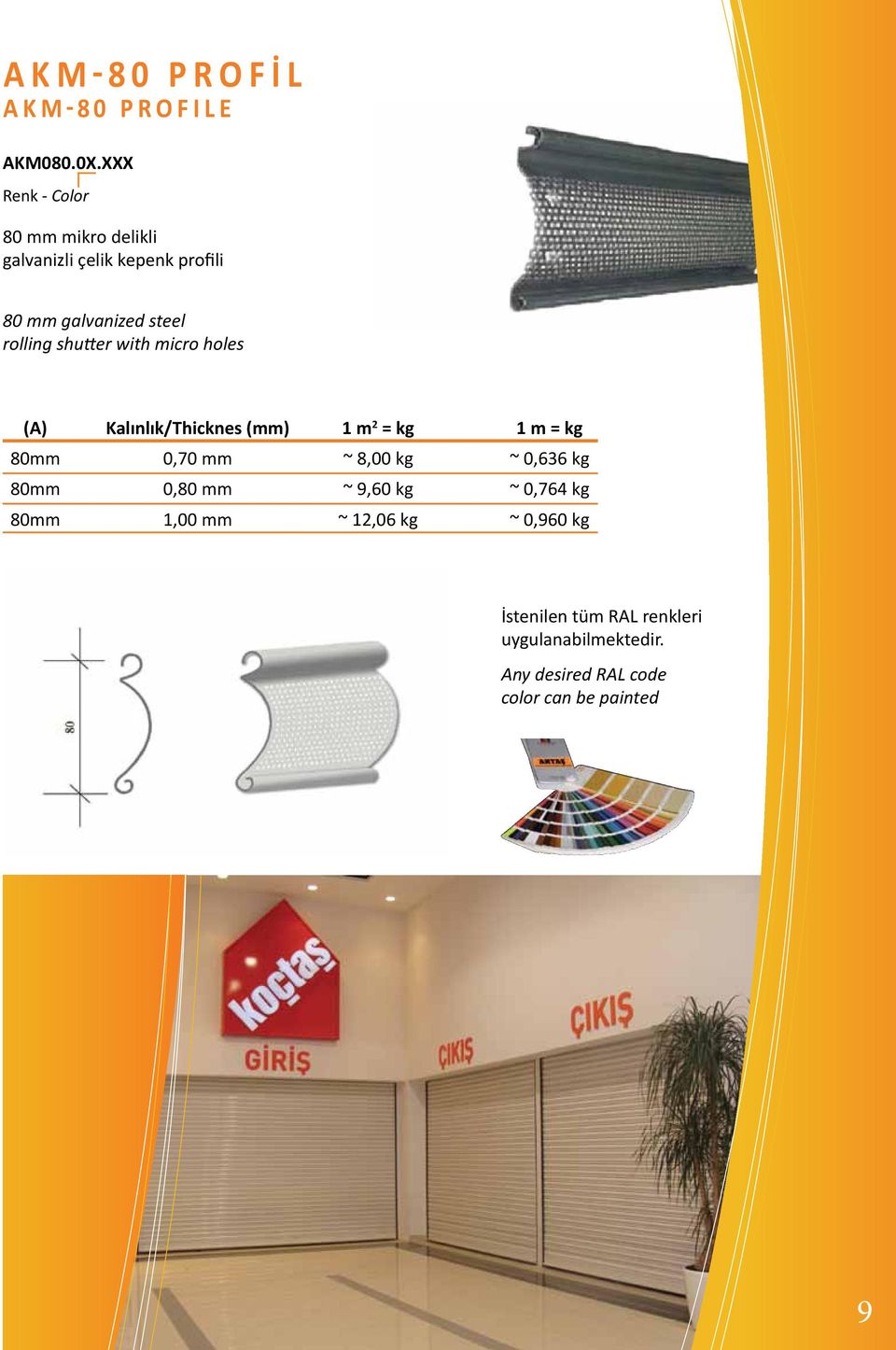 shutter with micro holes Kalınlık/Thicknes (mm) 1 m 2 = kg 1 m = kg 80mm 0,70 mm ~ 8,00 kg ~ 0,636