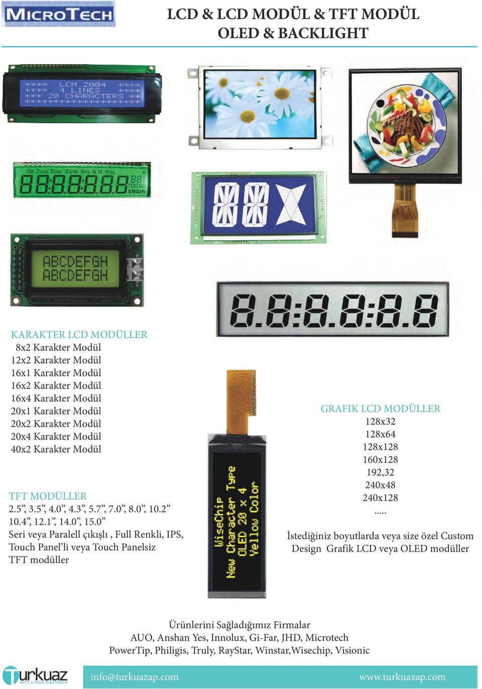 0 Seri veya Paralell çıkışlı, Full Renkli, IPS, Touch Panel li veya Touch Panelsiz TFT modüller GRAFIK LCD MODÜLLER 128x32 128x64 128x128 160x128 192,32 240x48 240x128.