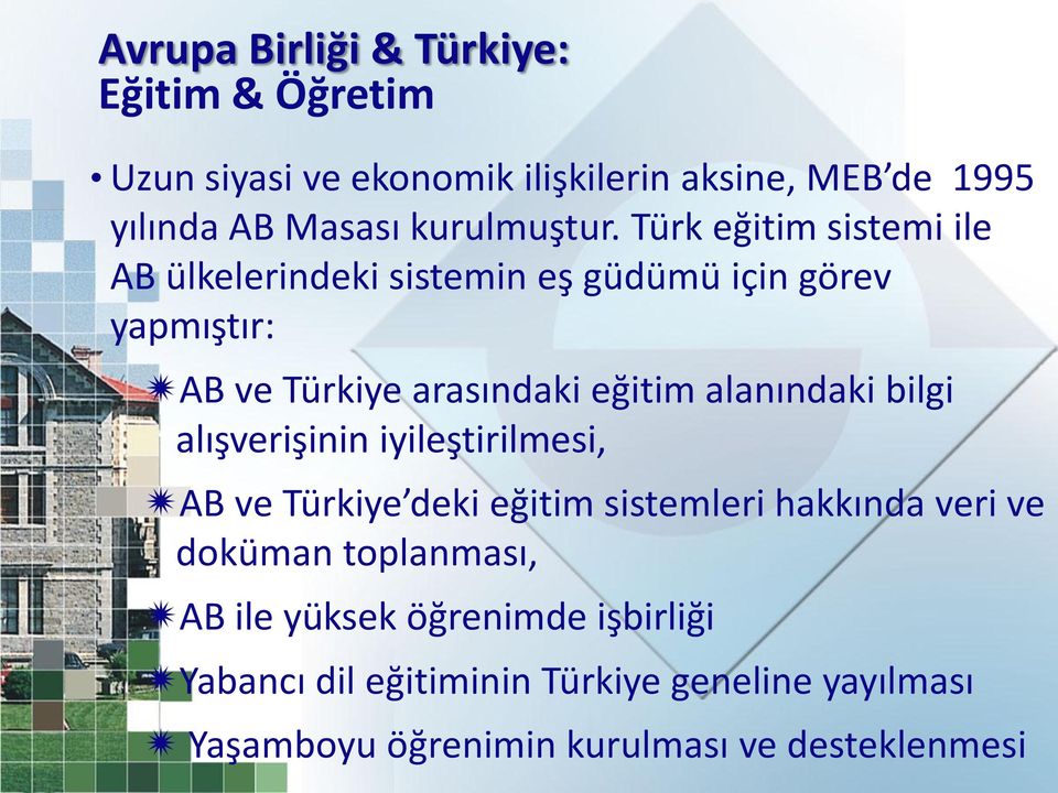 Türk eğitim sistemi ile AB ülkelerindeki sistemin eş güdümü için görev yapmıştır: AB ve Türkiye arasındaki eğitim