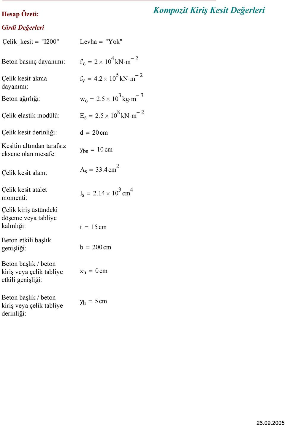 5 1 8 kn m 2 Çelik kesit derinliği: d 2cm Kesitin altından tarafsız eksene olan mesafe: y bs 1 cm Çelik kesit alanı: Çelik kesit atalet momenti: Çelik kiriş üstündeki