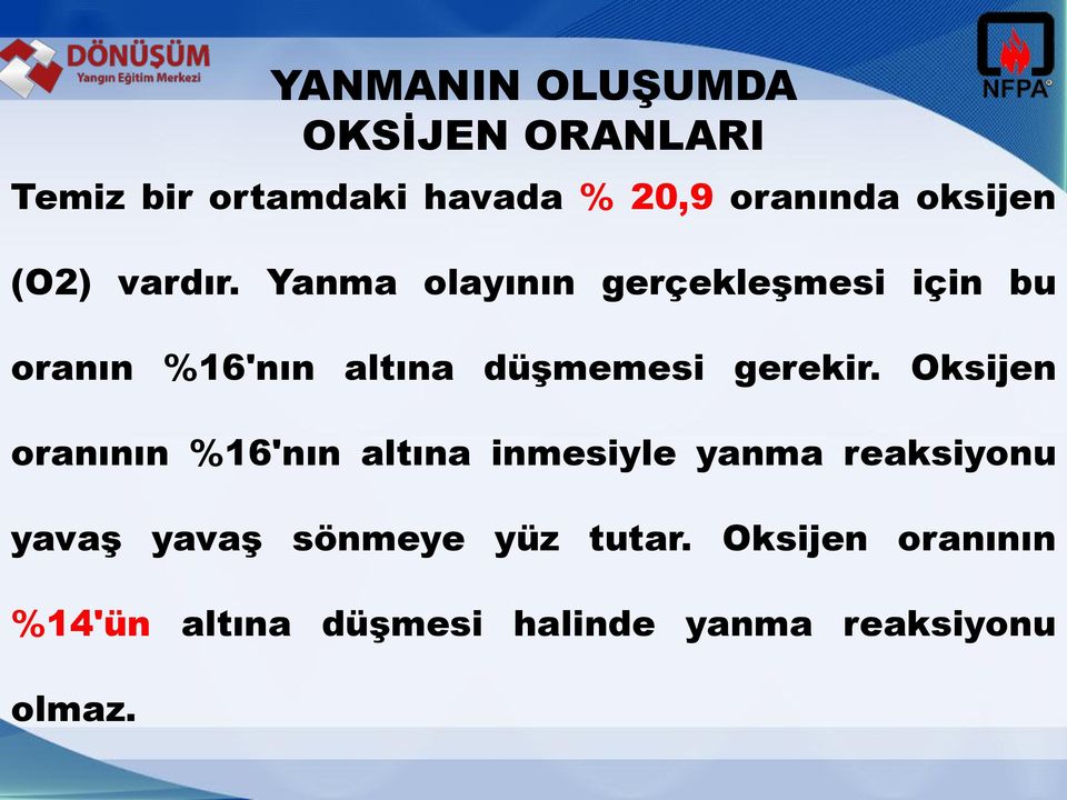 Oksijen oranının %16'nın altına inmesiyle yanma reaksiyonu yavaş yavaş sönmeye yüz