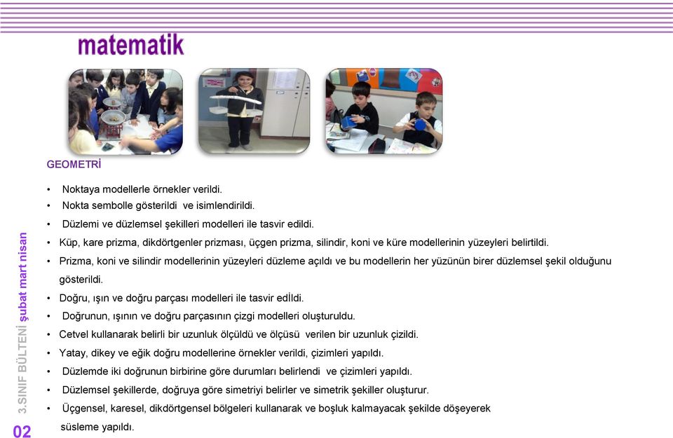 Prizma, koni ve silindir modellerinin yüzeyleri düzleme açıldı ve bu modellerin her yüzünün birer düzlemsel şekil olduğunu gösterildi. Doğru, ışın ve doğru parçası modelleri ile tasvir edildi.