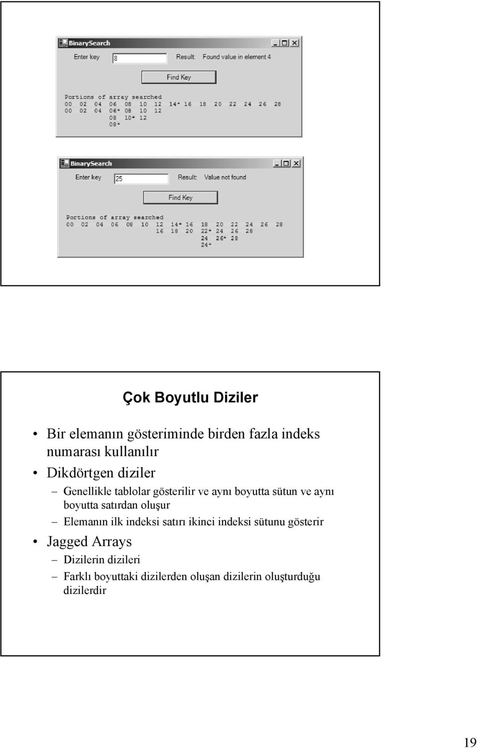 satırdan oluşur Elemanın ilk indeksi satırı ikinci indeksi sütunu gösterir Jagged