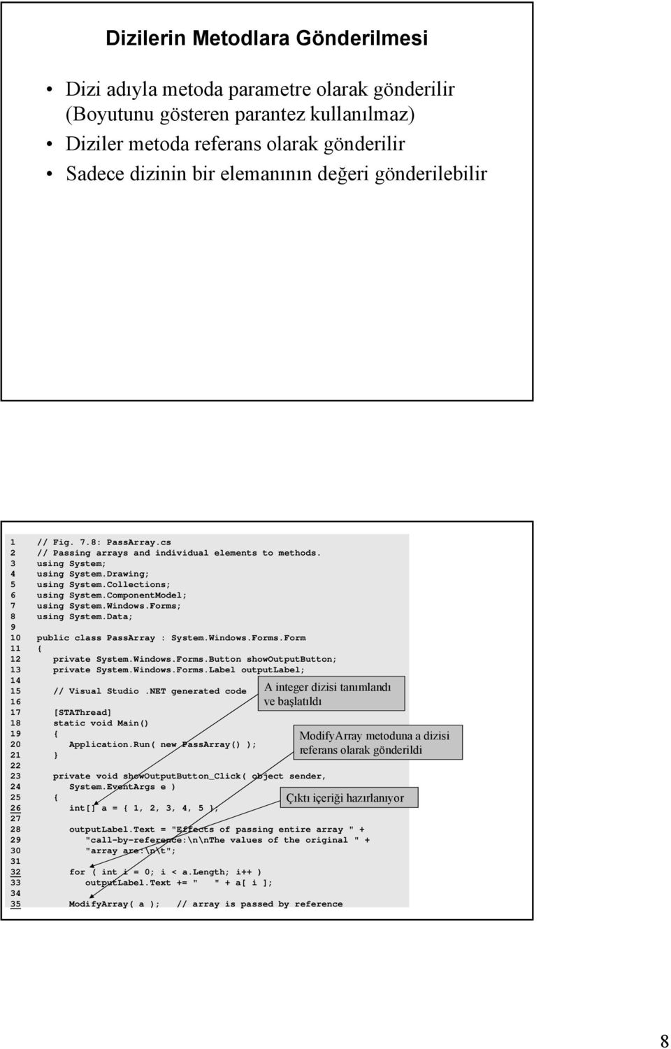 ComponentModel; 7 using System.Windows.Forms; 8 using System.Data; 9 10 public class PassArray : System.Windows.Forms.Form 11 { 12 private System.Windows.Forms.Button showoutputbutton; 13 private System.