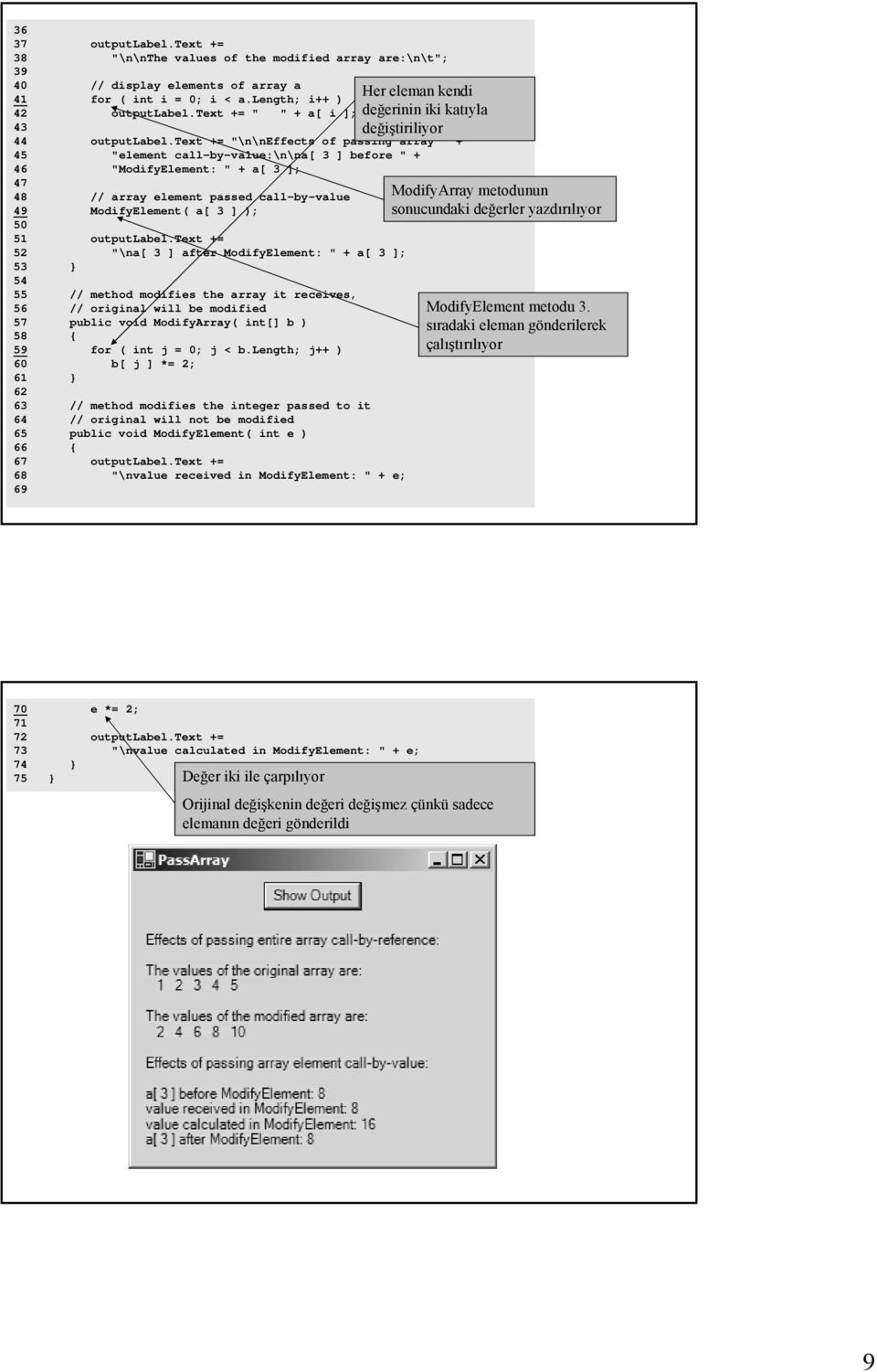 text += "\n\neffects of passing array " + 45 "element call-by-value:\n\na[ 3 ] before " + 46 "ModifyElement: " + a[ 3 ]; 47 48 // array element passed call-by-value 49 ModifyElement( a[ 3 ] ); 50 51