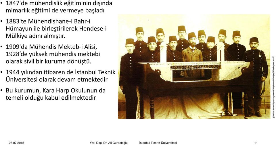 1909'da Mühendis Mekteb-i Alisi, 1928 de yüksek mühendis mektebi olarak sivil bir kuruma dönüştü.
