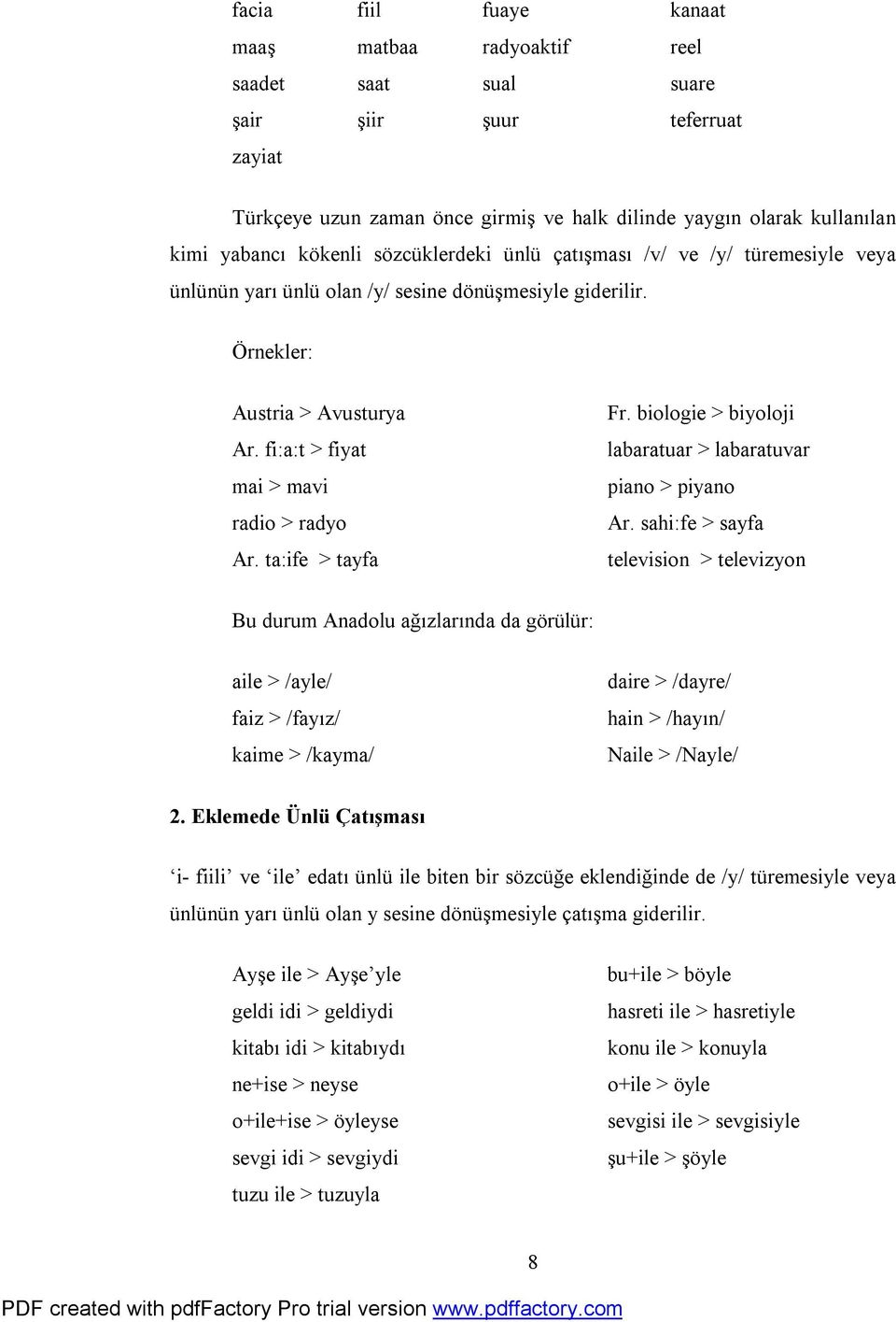 ta:ife > tayfa Fr. biologie > biyoloji labaratuar > labaratuvar piano > piyano Ar.