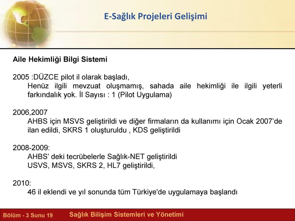 İl Sayısı : 1 (Pilot Uygulama) 2006,2007 AHBS için MSVS geliştirildi ve diğer firmaların da kullanımı için Ocak 2007 de ilan edildi,