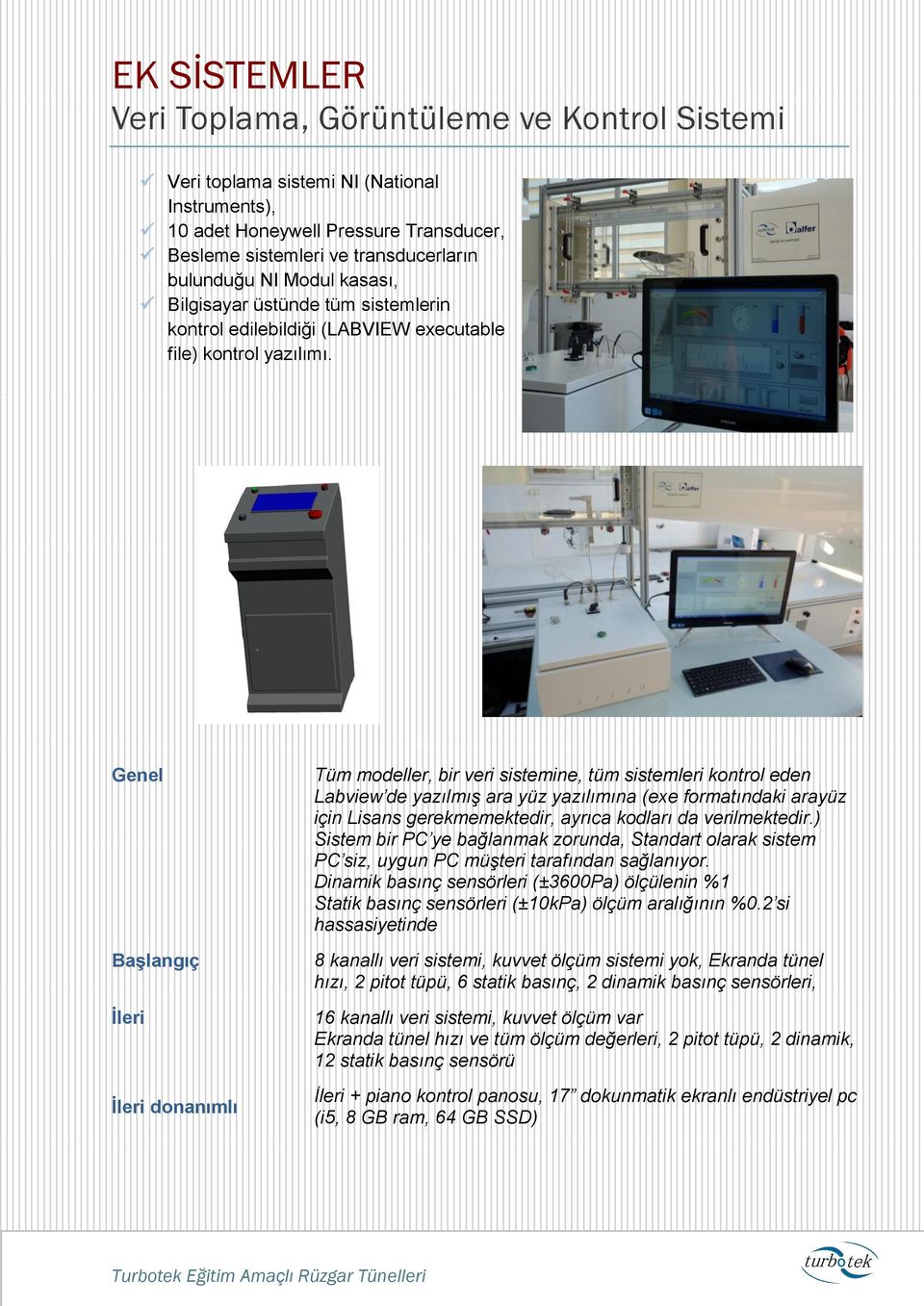 Genel Başlangıç İleri İleri donanımlı Tüm modeller, bir veri sistemine, tüm sistemleri kontrol eden Labview de yazılmış ara yüz yazılımına (exe formatındaki arayüz için Lisans gerekmemektedir, ayrıca