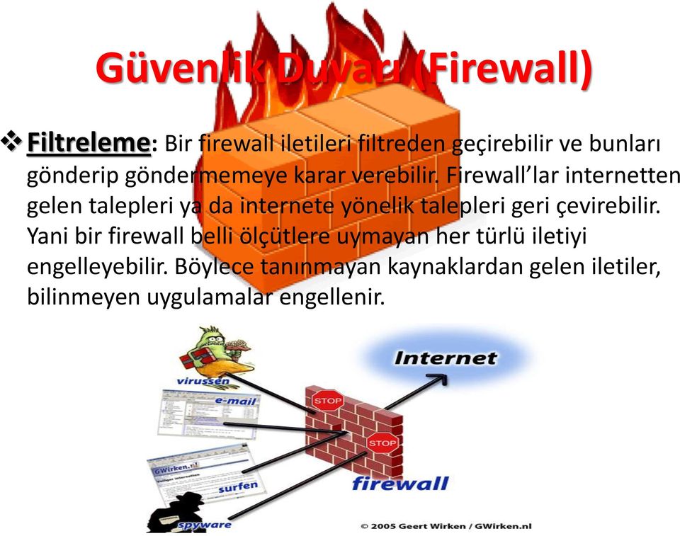Firewall lar internetten gelen talepleri ya da internete yönelik talepleri geri çevirebilir.