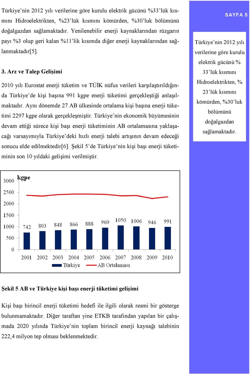 Arz ve Talep Gelişimi 2010 yılı Eurostat enerji tüketim ve TÜİK nüfus verileri karşılaştırıldığında Türkiye de kişi başına 991 kgpe enerji tüketimi gerçekleştiği anlaşılmaktadır.