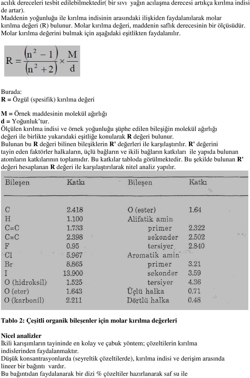 Molar kırılma değerini bulmak için aşağıdaki eşitlikten faydalanılır. Burada: R = Özgül (spesifik) kırılma değeri M = Örnek maddesinin molekül ağırlığı d = Yoğunluk tur.