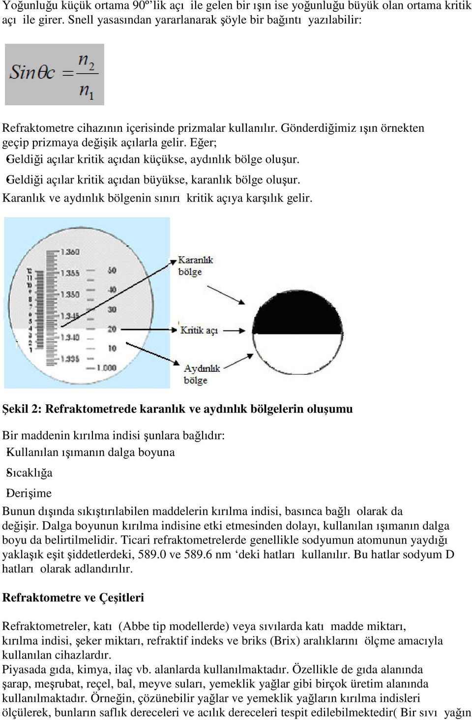 Eğer; Geldiği açılar kritik açıdan küçükse, aydınlık bölge oluşur. Geldiği açılar kritik açıdan büyükse, karanlık bölge oluşur. Karanlık ve aydınlık bölgenin sınırı kritik açıya karşılık gelir.