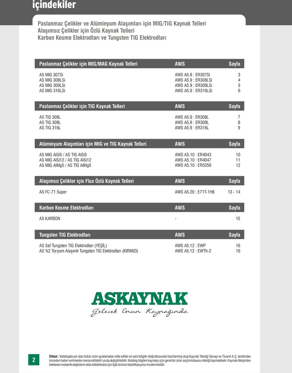 9 : ER316LSi Sayfa 3 4 5 6 Paslanmaz Çelikler için TIG Kaynak Telleri AS TIG 308L AS TIG 309L AS TIG 316L AWS AWS A5.9 : ER308L AWS A5.9 : ER309L AWS A5.