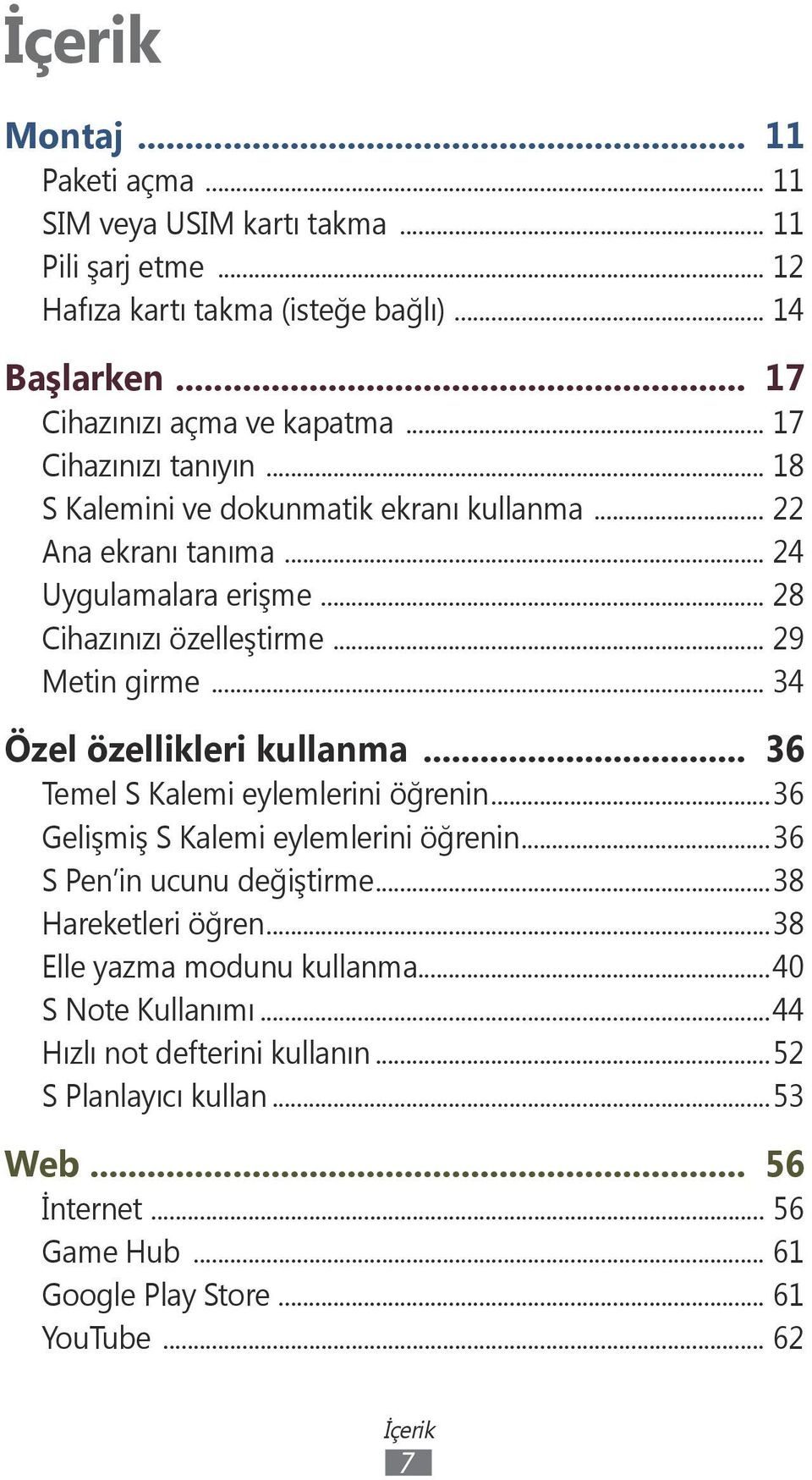 .. 34 Özel özellikleri kullanma... 36 Temel S Kalemi eylemlerini öğrenin...36 Gelişmiş S Kalemi eylemlerini öğrenin...36 S Pen in ucunu değiştirme...38 Hareketleri öğren.