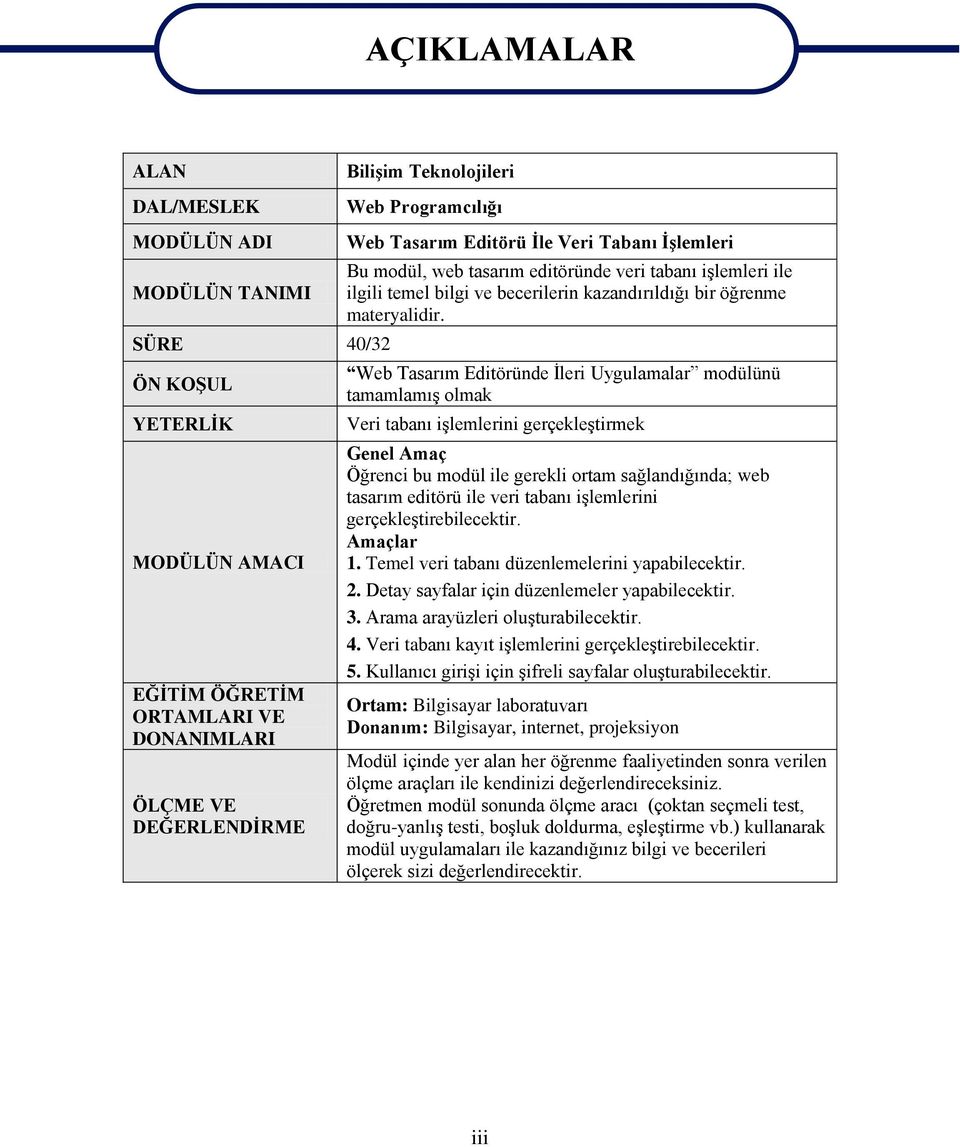 Web Tasarım Editöründe İleri Uygulamalar modülünü tamamlamış olmak Veri tabanı işlemlerini gerçekleştirmek Genel Amaç Öğrenci bu modül ile gerekli ortam sağlandığında; web tasarım editörü ile veri