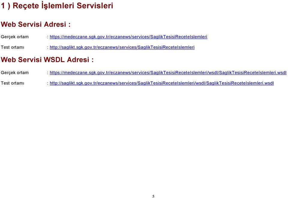 tr/eczanews/services/sagliktesisireceteislemleri Web Servisi WSDL Adresi : Gerçek ortam Test ortamı : https://medeczane.sgk.