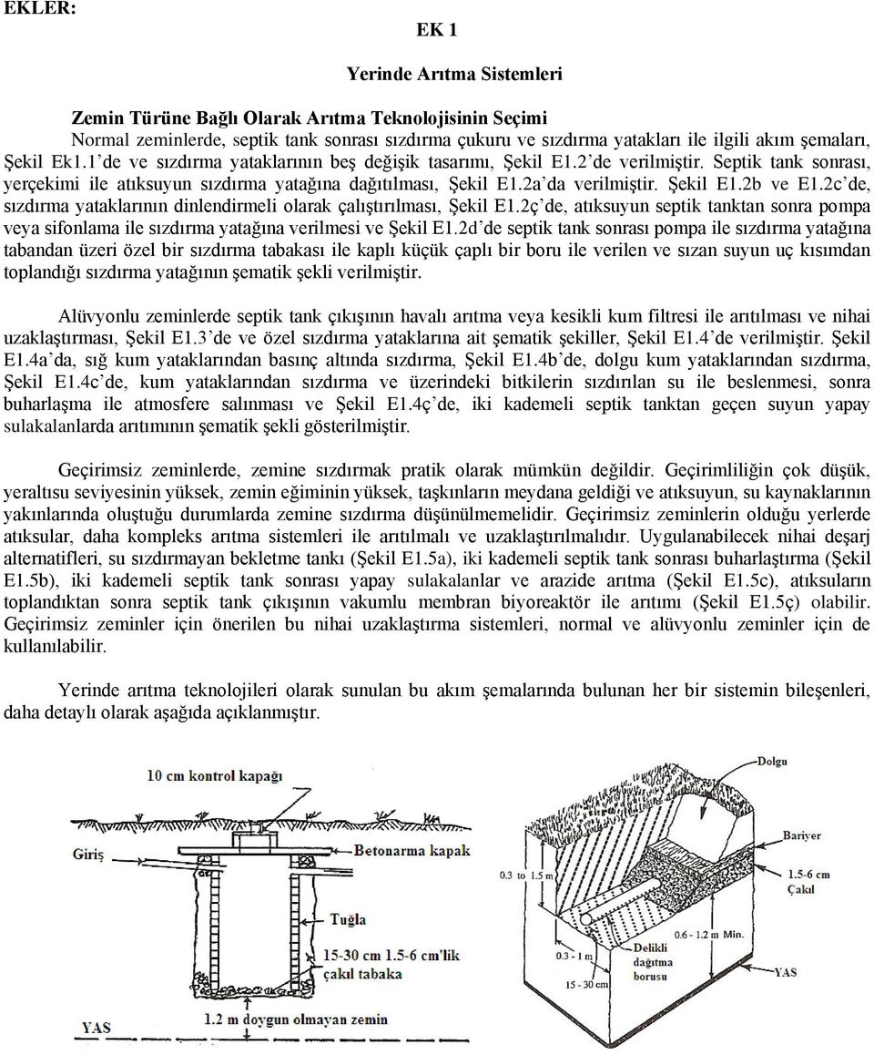 Şekil E1.2b ve E1.2c de, sızdırma yataklarının dinlendirmeli olarak çalıştırılması, Şekil E1.2ç de, atıksuyun septik tanktan sonra pompa veya sifonlama ile sızdırma yatağına verilmesi ve Şekil E1.