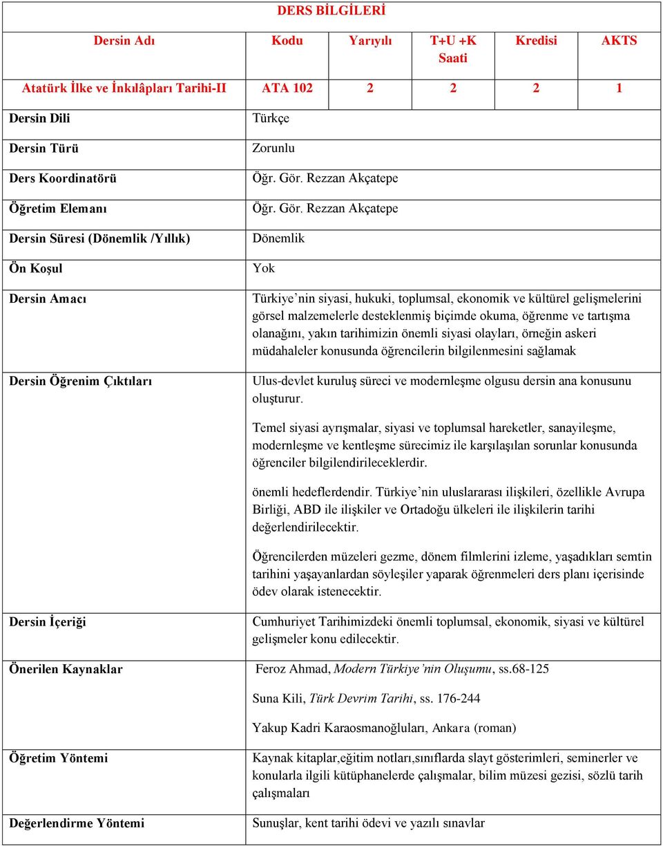 Rezzan Akçatepe Türkiye nin siyasi, hukuki, toplumsal, ekonomik ve kültürel gelişmelerini görsel malzemelerle desteklenmiş biçimde okuma, öğrenme ve tartışma olanağını, yakın tarihimizin önemli