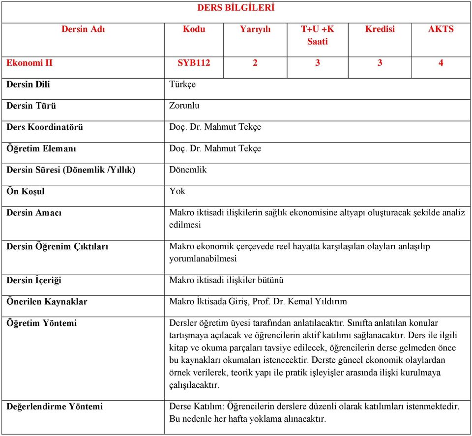 Mahmut Tekçe Makro iktisadi ilişkilerin sağlık ekonomisine altyapı oluşturacak şekilde analiz edilmesi Makro ekonomik çerçevede reel hayatta karşılaşılan olayları anlaşılıp yorumlanabilmesi Makro