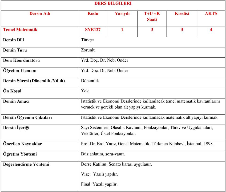 Nebi Önder İstatistik ve Ekonomi Derslerinde kullanılacak temel matematik kavramlarını vermek ve gerekli olan alt yapıyı kurmak.