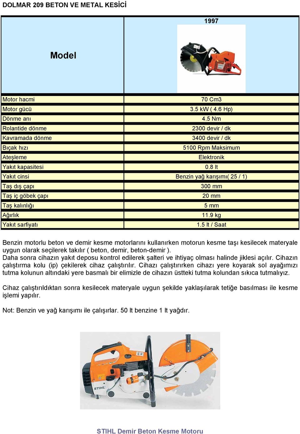 8 lt Yakıt cinsi Benzin yağ karışımı( 25 / 1) Taş dış çapı 300 mm Taş iç göbek çapı 20 mm Taş kalınlığı 5 mm Ağırlık 11.9 kg Yakıt sarfiyatı 1.