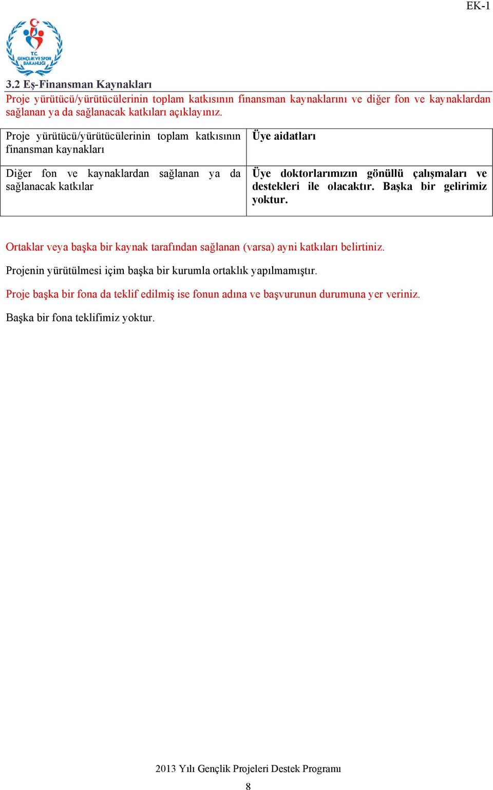 Proje yürütücü/yürütücülerinin toplam katkısının finansman kaynakları Diğer fon ve kaynaklardan sağlanan ya da sağlanacak katkılar Üye aidatları Üye doktorlarımızın gönüllü