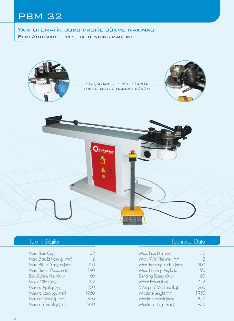 2 Makina Ağırlığı (kg) 260 Makina Uzunluğu (mm) 1950 Makina Genişliği (mm) 850 Makina Yüksekliği (mm) 950 Max. Pipe Diameter 32 Max. Wall Thicknes (mm) 2 Max.