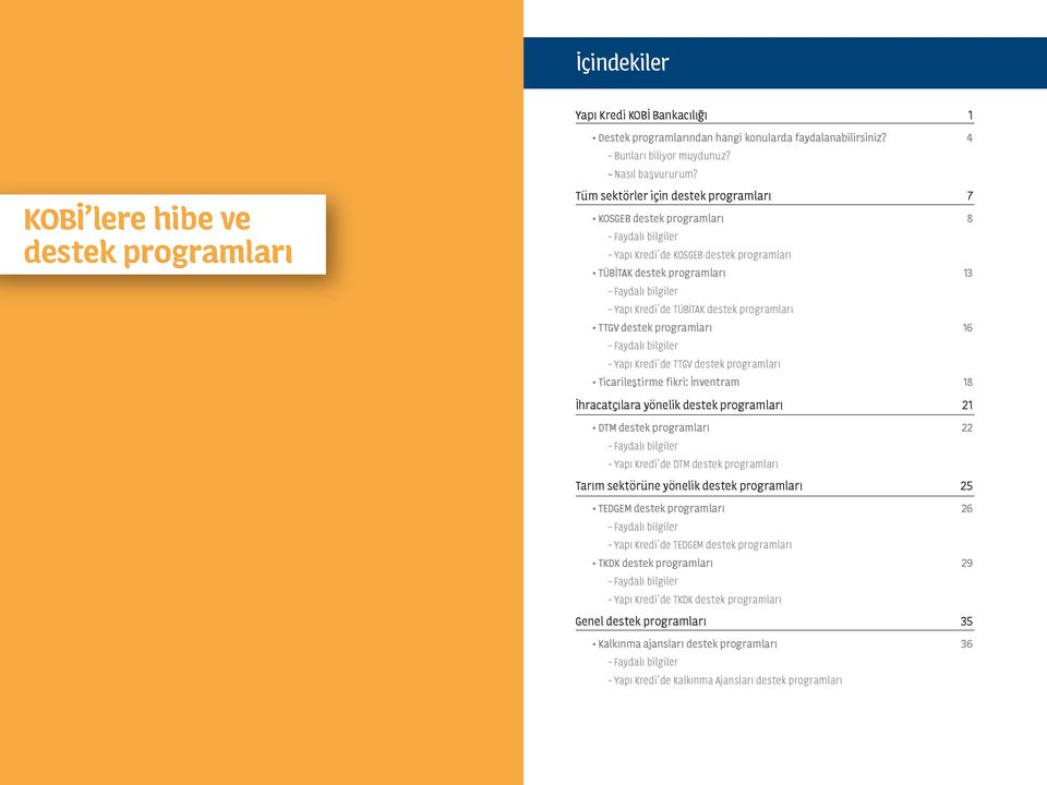 TÜBİTAK destek programları TTGV destek programları 16 - Faydalı bilgiler - Yapı Kredi de TTGV destek programları Ticarileştirme fikri: İnventram 18 İhracatçılara yönelik destek programları 21 DTM