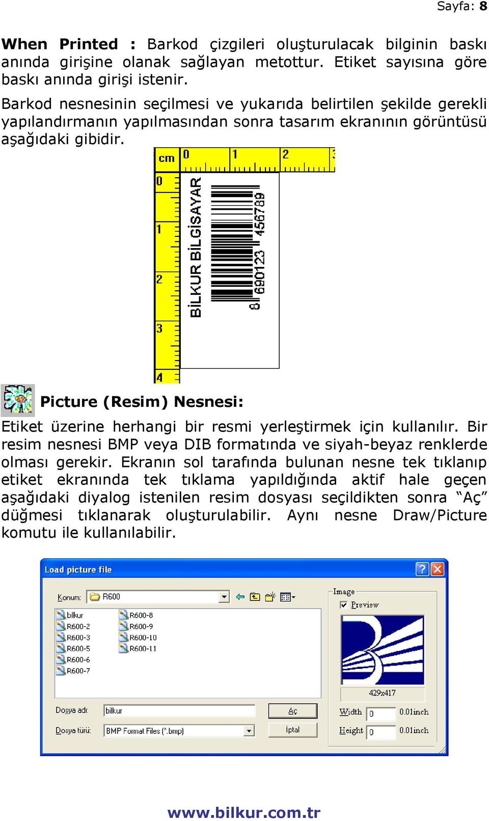 Picture (Resim) Nesnesi: Etiket üzerine herhangi bir resmi yerleştirmek için kullanılır. Bir resim nesnesi BMP veya DIB formatında ve siyah-beyaz renklerde olması gerekir.