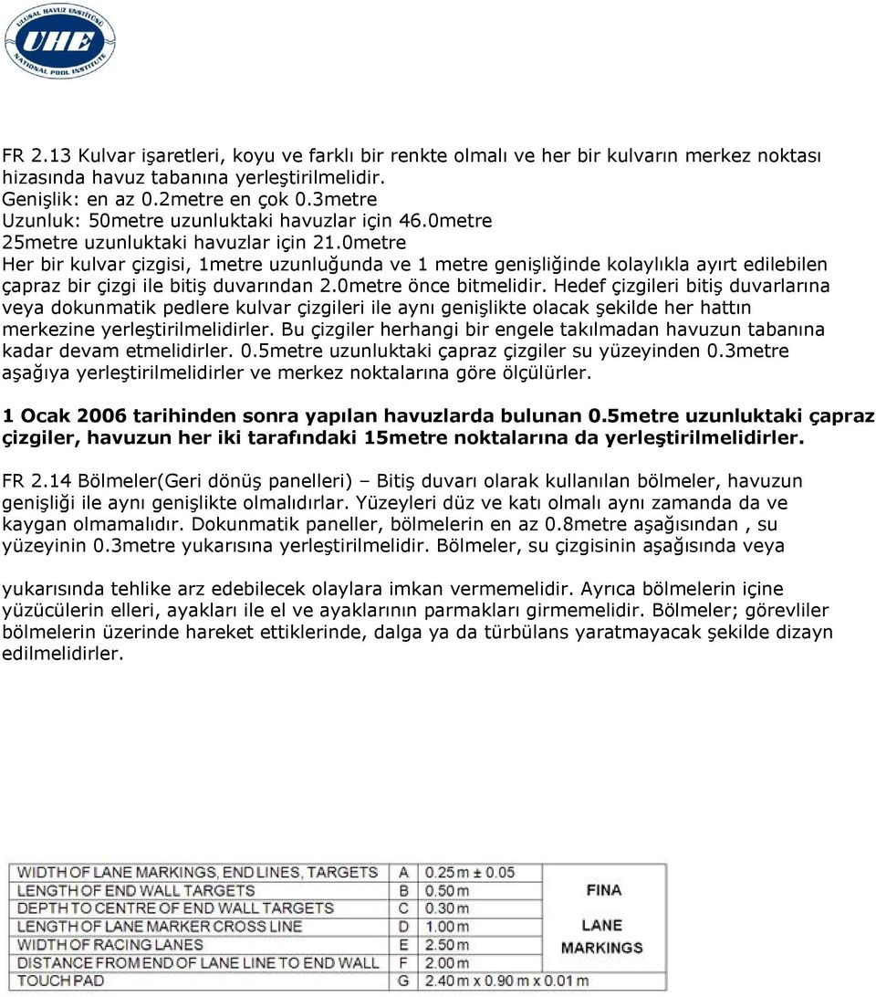 0metre Her bir kulvar çizgisi, 1metre uzunluğunda ve 1 metre genişliğinde kolaylıkla ayırt edilebilen çapraz bir çizgi ile bitiş duvarından 2.0metre önce bitmelidir.