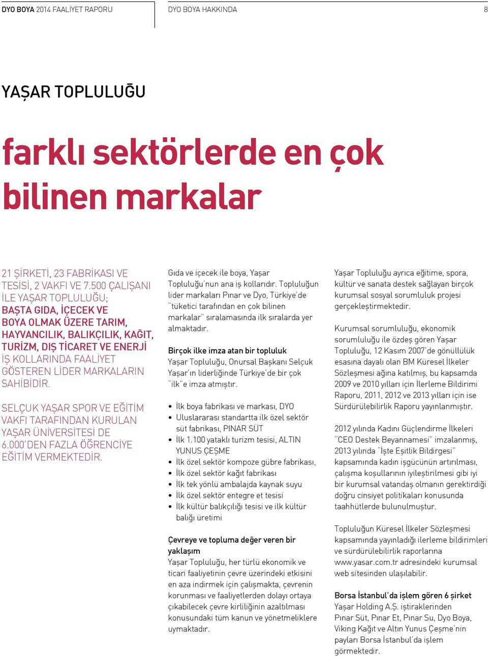 SAHİBİDİR. SELÇUK YAŞAR SPOR VE EĞİTİM VAKFI TARAFINDAN KURULAN YAŞAR ÜNİVERSİTESİ DE 6.000 DEN FAZLA ÖĞRENCİYE EĞİTİM VERMEKTEDİR. Gıda ve içecek ile boya, Yaşar Topluluğu nun ana iş kollarıdır.