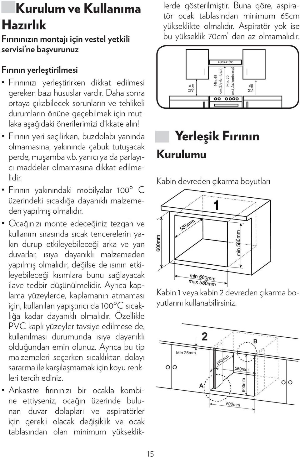 Fırının yeri seçilirken, buzdolabı yanında olmamasına, yakınında çabuk tutuşacak perde, muşamba v.b. yanıcı ya da parlayıcı maddeler olmamasına dikkat edilmelidir.