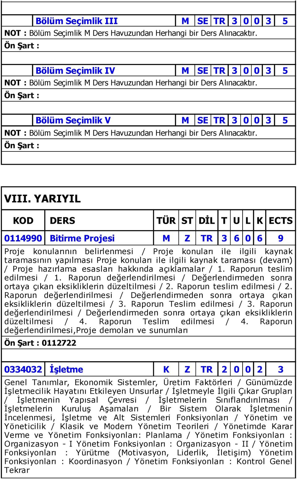 Bölüm Seçimlik V M SE TR 3 0 0 3 5 NOT : Bölüm Seçimlik M Ders Havuzundan Herhangi bir Ders Alınacaktır. VIII.