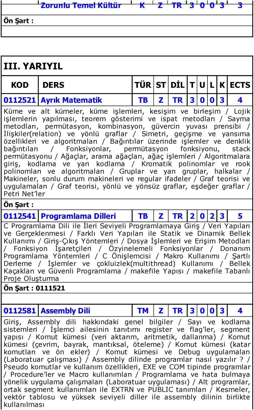 metodları / Sayma metodları, permütasyon, kombinasyon, güvercin yuvası prensibi / İlişkiler(relation) ve yönlü graflar / Simetri, geçişme ve yansıma özellikleri ve algoritmaları / Bağıntılar üzerinde