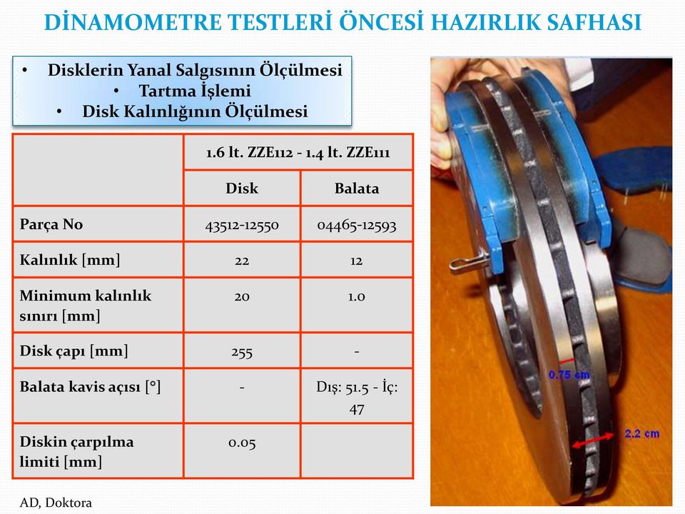 ZZE111 Disk Balata Parça No 43512-12550 04465-12593 Kalınlık [mm] 22 12 Minimum kalınlık